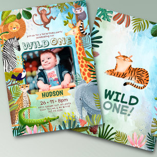Wild one safari jungle animals boy birthday photo invitation