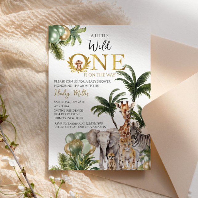 Wild One Safari Jungle Animals Green Gold Invitation (Creator Uploaded)