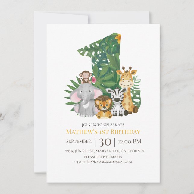 Wild One Safari Jungle First 1st Birthday Number Invitation (Front)