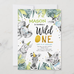Wild One Safari Party Animals Boy First Birthday Invitation