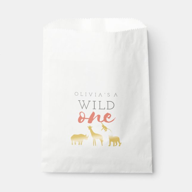 Wild One Safari Pink and Gold 1st Birthday Favour Bag (Front)