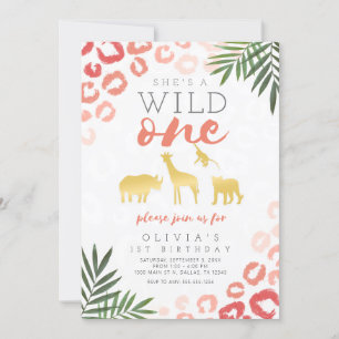 Wild One Safari Pink and Gold 1st Birthday Invitation