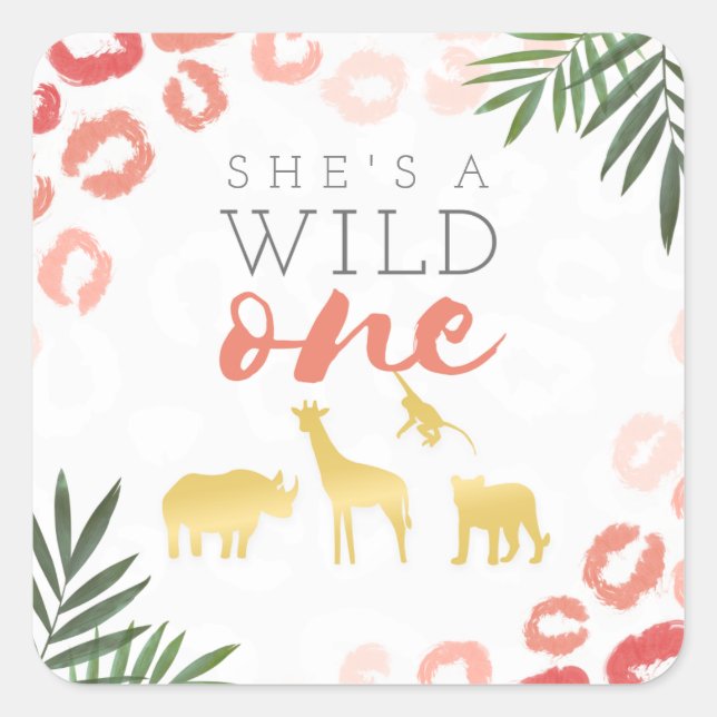Wild One Safari Pink and Gold Leopard Print Square Sticker (Front)