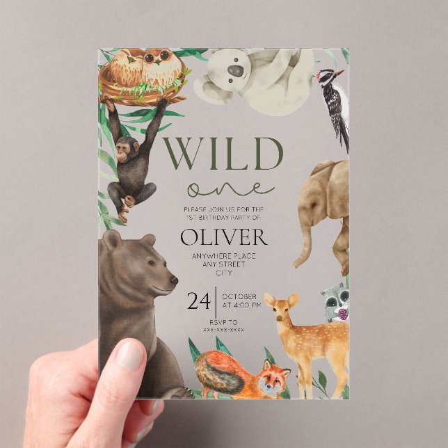 Wild one safari theme acrylic first birthday invitations (Insitu (Handheld))