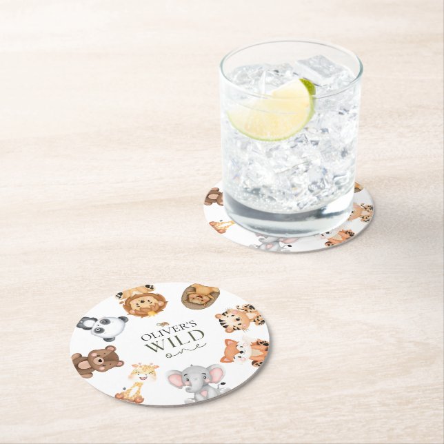 Wild one safari theme first birthday round paper coaster (Insitu)