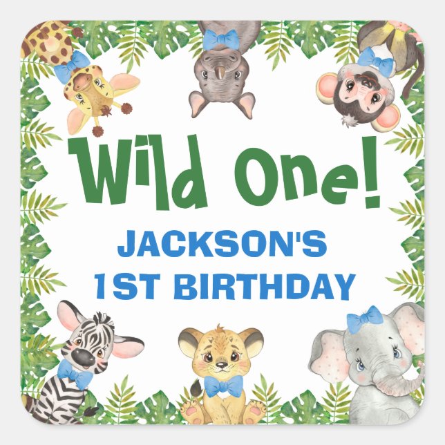 Wild One Safari Zoo Animals Boy First Birthday Square Sticker (Front)