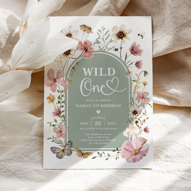 Wild One: Sage Green Wildflower First Birthday Invitation (Creator Uploaded)