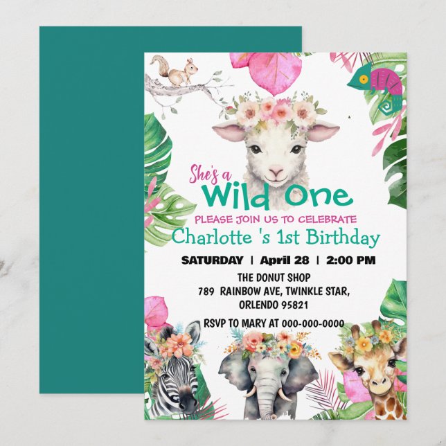 Wild One sheep Safari jungle 1st Animals Birthday Invitation (Front/Back)