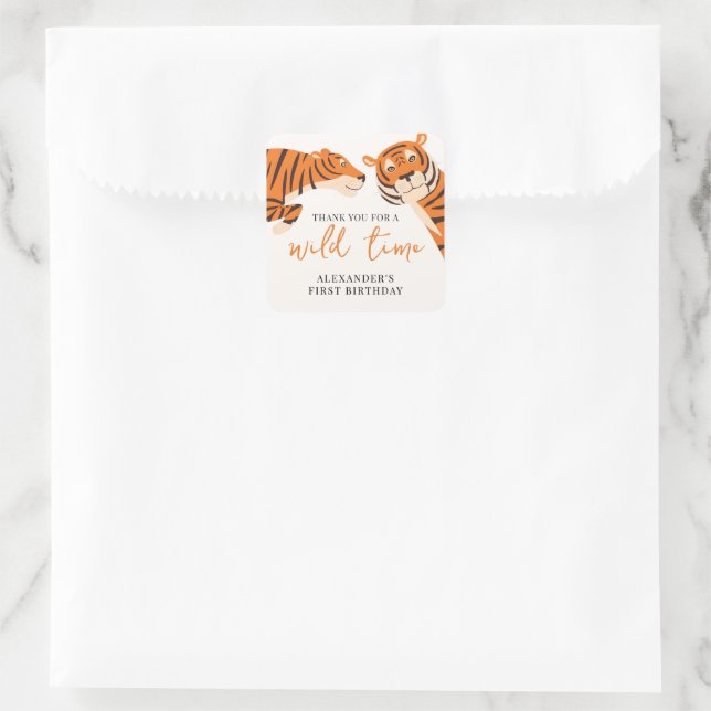 Wild One Tiger 1st Birthday Thank You Square Sticker (Bag)