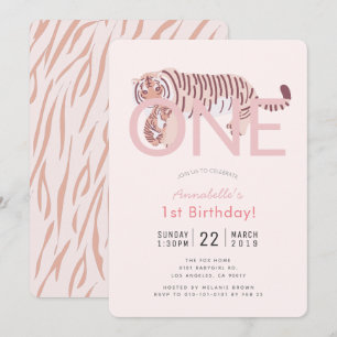 Wild One Tiger Pink Girl 1st Birthday Invitation