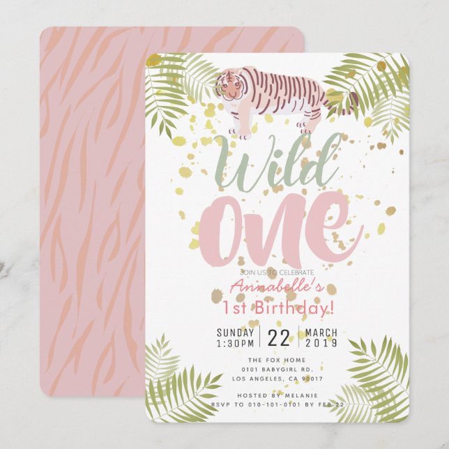 Wild One Tiger Pink Girl 1st Birthday Invitation (Front/Back)