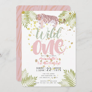 Wild One Tiger Pink Girl 1st Birthday Invitation