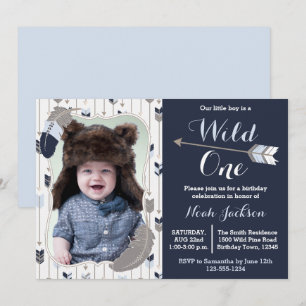Wild One Tribal First Birthday Blue Photo Invitation