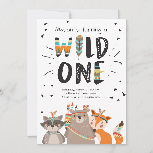 Wild One Tribal First birthday invitation Woodland (Front)