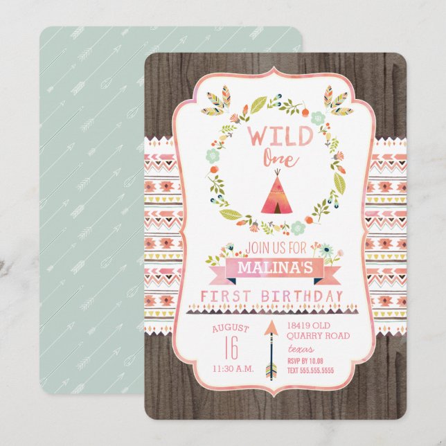 Wild One Tribal Girl Invitations de fête d'anniver (Devant / Derrière)