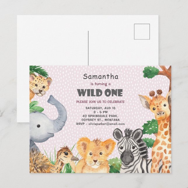 Wild One Tropical Jungle Camp 1st Birthday Invite Postcard (Front/Back)
