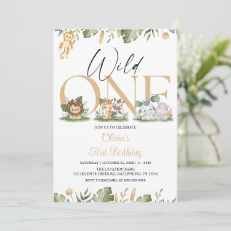 Wild One Tropical Jungle Safari Animals Birthday Invitation