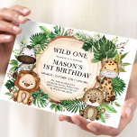 Wild One Tropical Jungle Safari Animals Birthday Invitation<br><div class="desc">Celebrate your little boy's 1st birthday with this whimsical safari-themed party invitation. The design features a group of adorable jungle animals and lush tropical watercolor greenery</div>