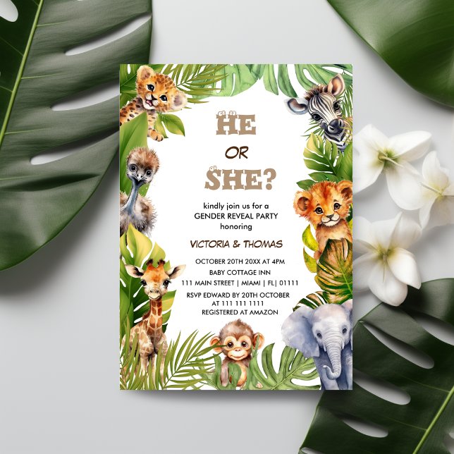 Wild One Tropical Safari Animals Gender Reveal Invitation (Creator Uploaded)