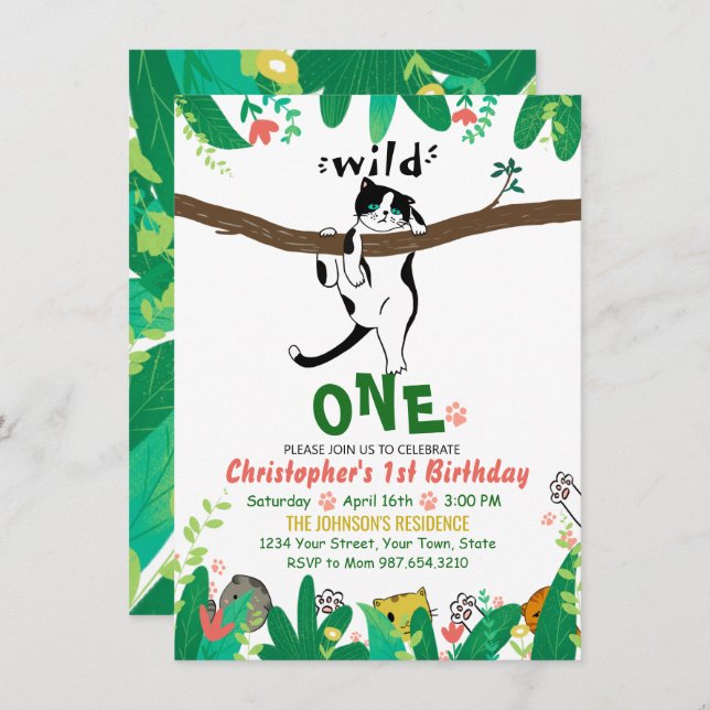 Wild One Tuxedo Kitty Enfants 1er Invitation anniv (Devant / Derrière)