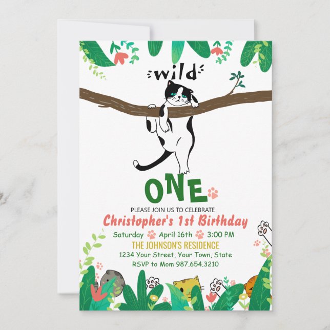 Wild One Tuxedo Kitty Kids 1st Birthday Invitation (Front)