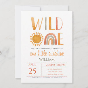 Wild One Watercolor Rainbow 1st Birthday Invitation