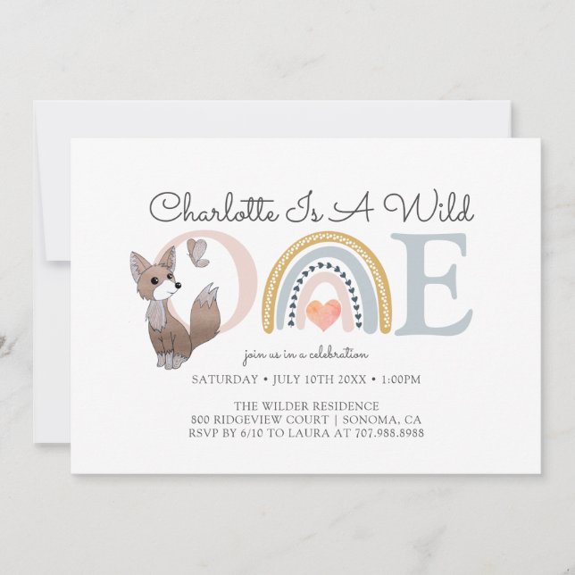 Wild One Watercolor Rainbow Girl's First Birthday  Invitation (Front)
