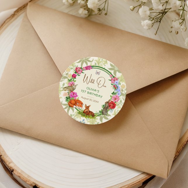 Wild One Whimsical Forest Floral Birthday Classic Round Sticker (Creator Uploaded)