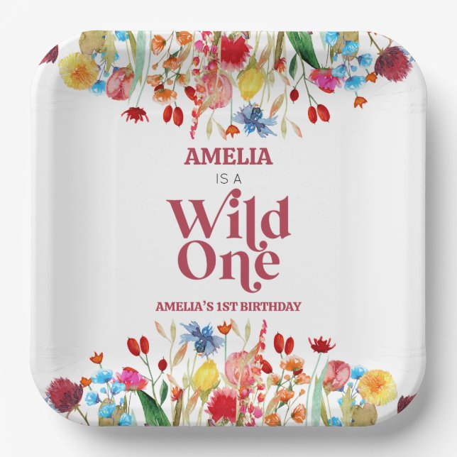 Wild One Wildflower First 1st Birthday Party Paper Plate (Front)
