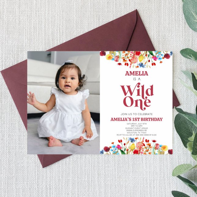 Wild One Wildflower Photo First 1st Birthday Party Invitation (Creator Uploaded)