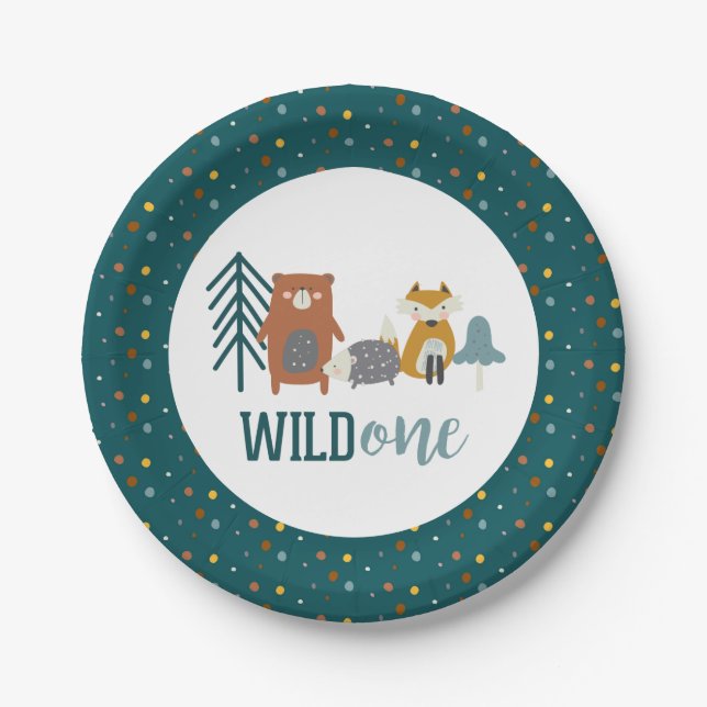 Wild One Woodland Animal First Birthday Paper Plate (Front)