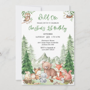 Wild One Woodland Animals 1st Birthday Invitation