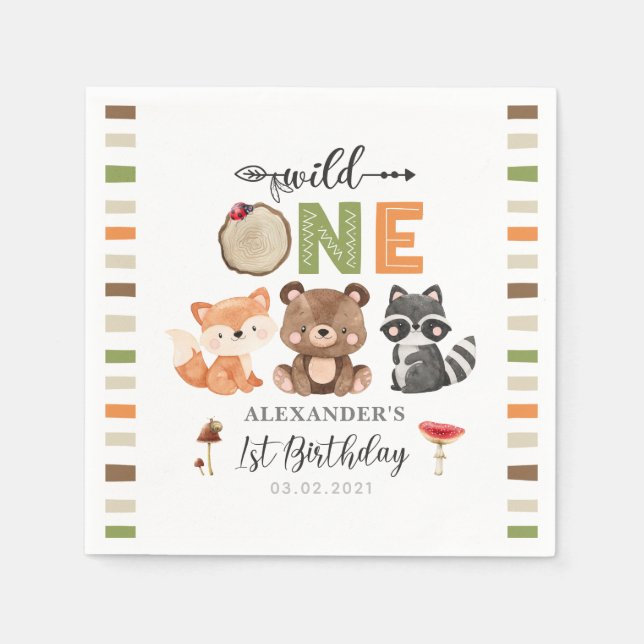 Wild One Woodland Animals 1st Birthday Napkin (Front)