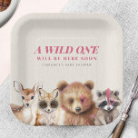 Wild One Woodland Animals Baby Shower  Paper Plate<br><div class="desc">Wild one rock n roll / music festival inspired woodland baby shower theme featuring bear cub with pink fur and pink lightning bolt over one eye,  raccoon with pink mohawk and heart over one eye,  fox with daisy sunglasses,  and deer fawn with pink spots.</div>