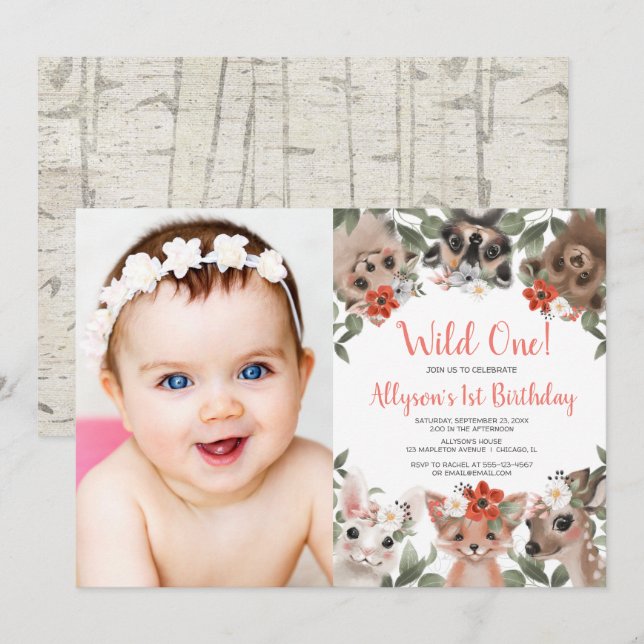 Wild One woodland animals girls 1st birthday photo Invitation (Front/Back)