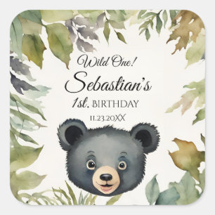 Wild One Woodland Bear Birthday Party Square Sticker