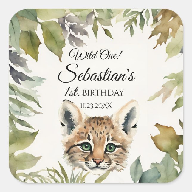 Wild One Woodland Bobcat Birthday Party Square Sticker (Front)
