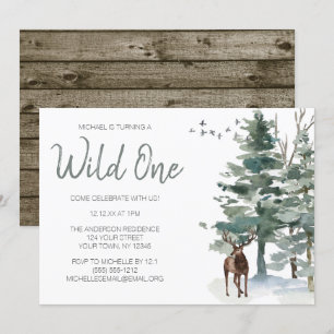 Wild One Woodland Deer Forest Pine First Birthday Invitation