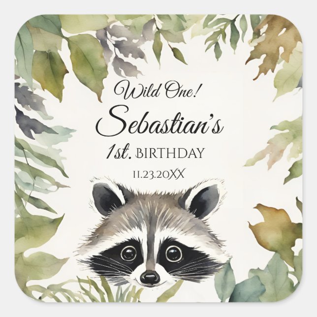 Wild One Woodland Raccoon Birthday Party Square Sticker (Front)