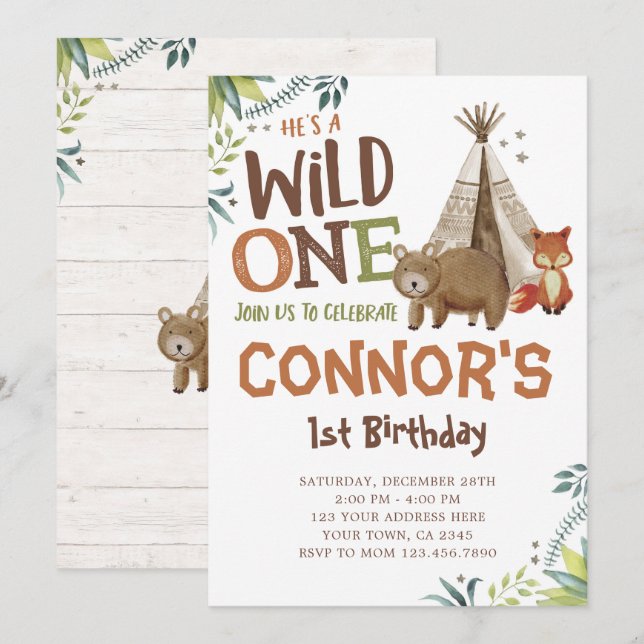 Wild One, Woodland, Tribal Invitation (Front/Back)