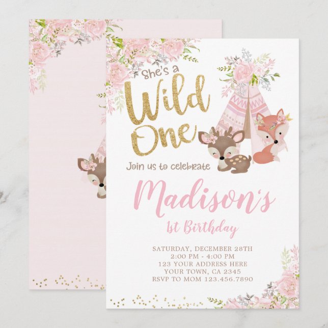 Wild One, Woodland, Tribal Invitation (Front/Back)
