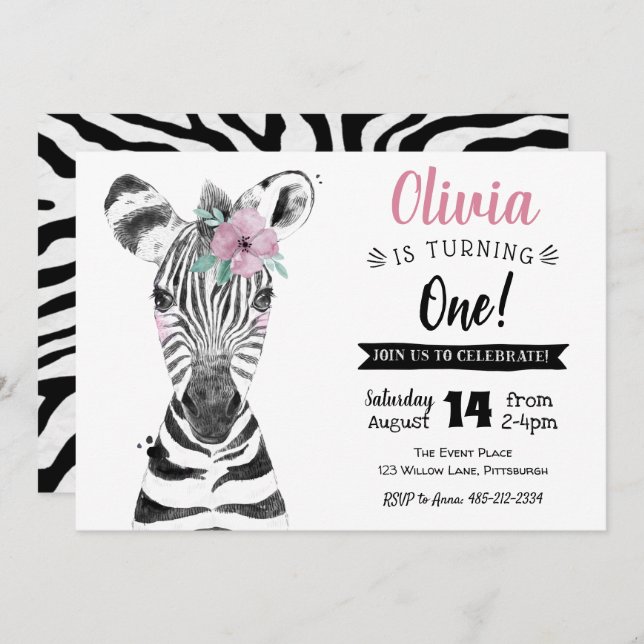 Wild One Zebra | Girl 1st Birthday invitation (Front/Back)