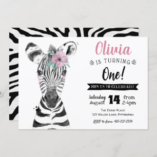 Wild One Zebra   Girl 1st Birthday invitation