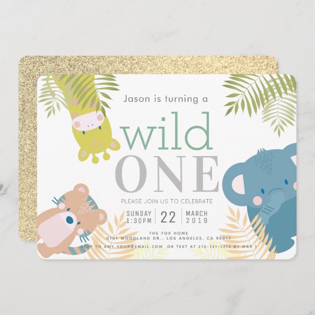 Wild One Zoo Animals Elephant Gold 1st Birthday Invitation (Front/Back)