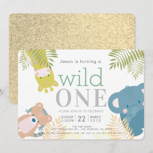 Wild One Zoo Animals Elephant Gold 1st Birthday Invitation
