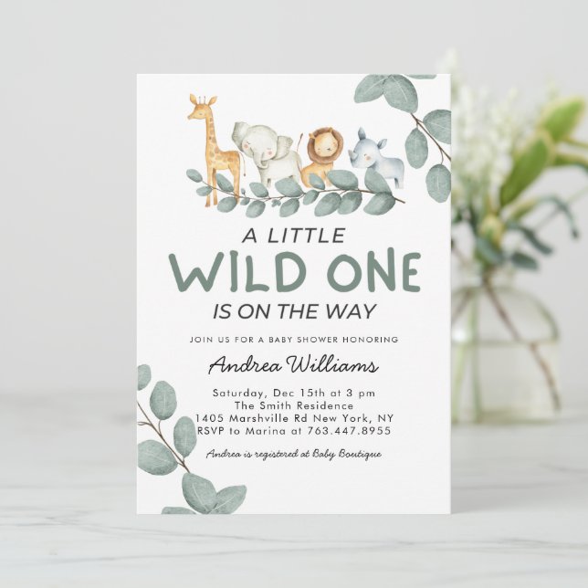 Wild One Zoo Animals Neutral Gender Baby Shower Invitation (Standing Front)