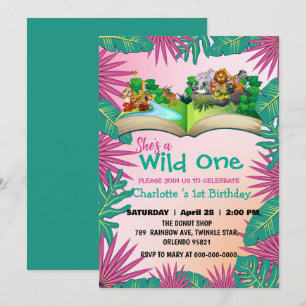 Wild One Zoo jungle 1st Animals Book Birthday kids Invitation