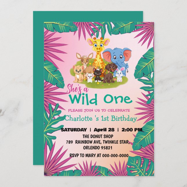 Wild One Zoo jungle 1st Animals Pet Birthday kids Invitation (Front/Back)
