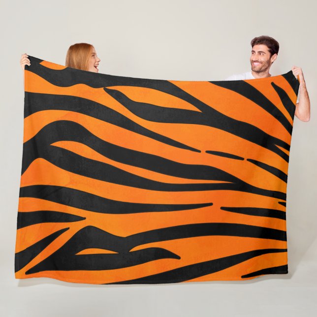 Wild Orange Black Tiger Stripes Animal Print Fleece Blanket (In Situ)