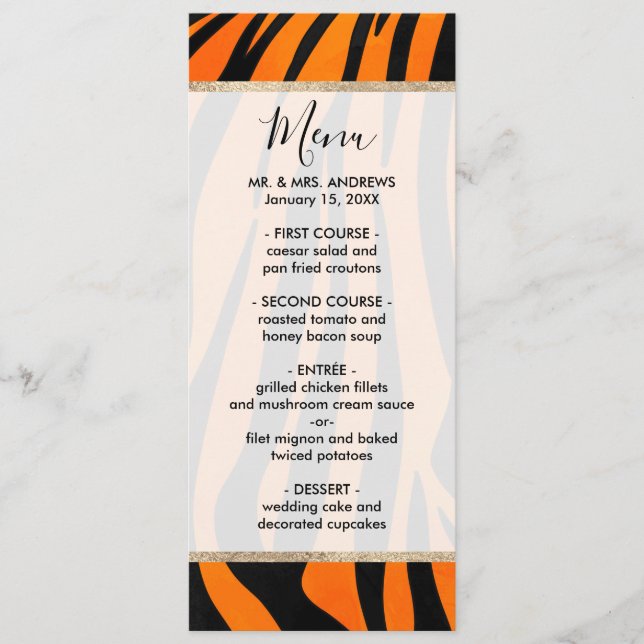 Wild Orange Black Tiger Stripes Animal Print Menu (Front)